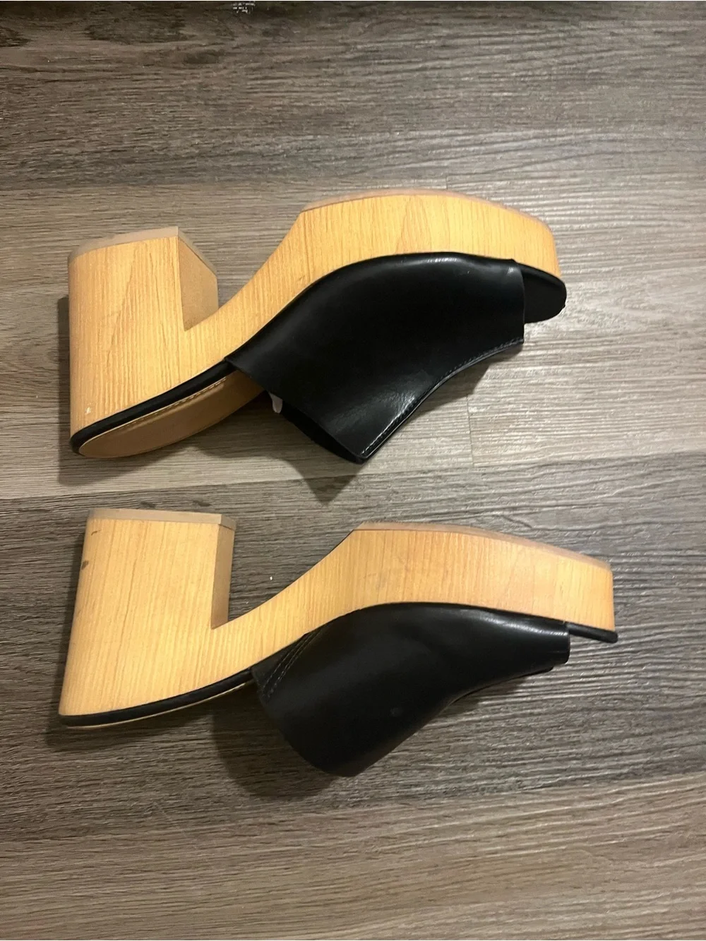 Black Leather Open-Toe Platform Mules
